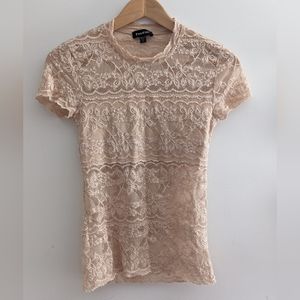 Bebe tan gold lace sheer short sleeve shirt Size XS